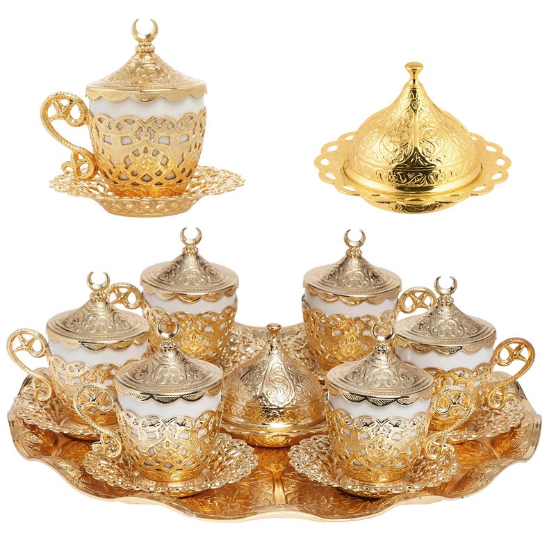 Alisveristime 27 Pc Turkish Greek Arabic Coffee Espresso Cup Saucer Set (Gelincik) (Gold) - Image 1